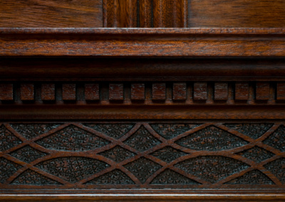 dental molding; below is fretwork Mahogony Boston bombe serpentine front secretary