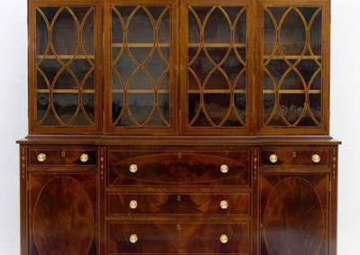 Federal breakfront - mahogany veneer; barred glass doors; brass hardware; inlays; China cabinet; dining room furniture; neoclassical; historic hand-crafted furniture; handmade