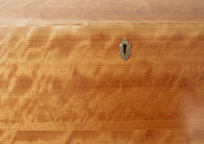 Hand-Crafted Cherry Slant Top Desk Lid - with brass escutcheon. Highly quilted cherry wood. Handmade desk by Tommy Mac