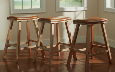 Three Italian Leather Upholstered, Figured Maple Kitchen Barstools