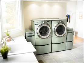 Whirlpool’s Duet Washer and Dryer uses a metallic green colored called Aspen as a detour from standard white appliances.