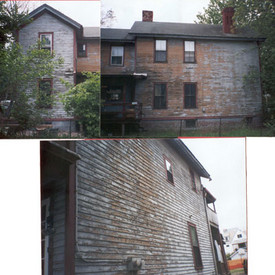 Before adding primer or paint, painters from Bucci Painting in upstate New York takes this home's siding to bare wood.