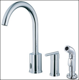 The Danze Parma Dual Hands-Free Kitchen Faucet saves water and reduces the spread of bacteria with an LED sensor that automatically shuts water on and off.