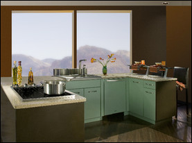 The sage and chocolate kitchen from St. Charles combines sleek retro styling with pure functionality.