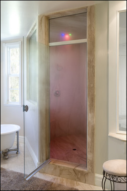 ThermaSol’s Serenity Light and Music System at work during a steam shower session. Photo courtesy of ThermaSol.