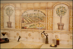 A hand-painted mural of the Tuscan countryside on fresco tile. Photo courtesy of Charles Tiles, Inc.
