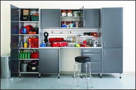 The ClosetMaid MultiSuite storage system (shown here in hammered grey) is a custom-designed and professionally installed line. With quality hardware and chrome fixtures and clean lines, it’s ideal for all of his workshop storage needs. It’s also UV and moisture resistant. Photo courtesy of ClosetMaid.